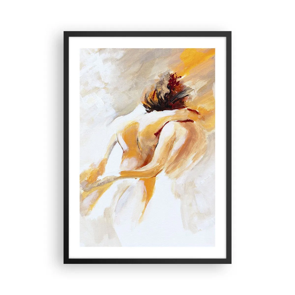 Affisch i svart ram - Abstrakt par i varma färger mot en ljus bakgrund - 50x70cm - I närhetens himmel - Modern väggdekoration för vardagsrum och sovrum ARTTOR