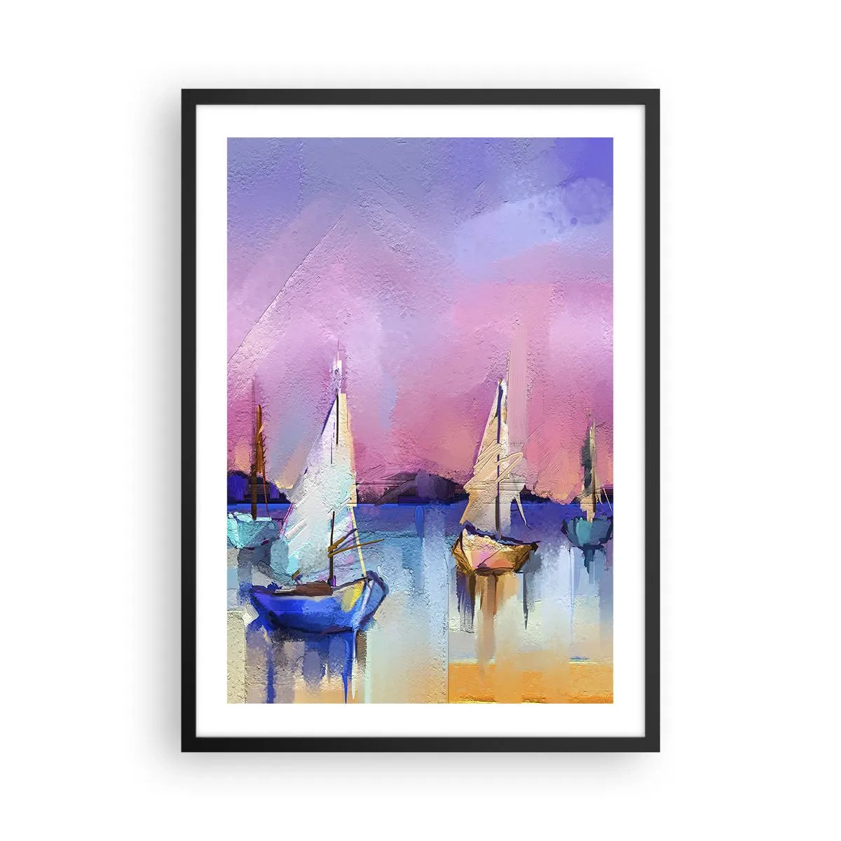 Affisch i svart ram - Abstrakta segelbåtar på en färgglad bakgrund - 50x70cm - Riktning: öppet vatten - Modern väggdekoration för vardagsrum och sovrum ARTTOR
