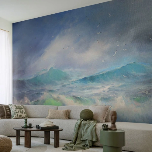 Fototapet Standard Eco - "Orkanen vrålade med triumf…' - Storm, Hög våg, Fåglar - 450x315 cm