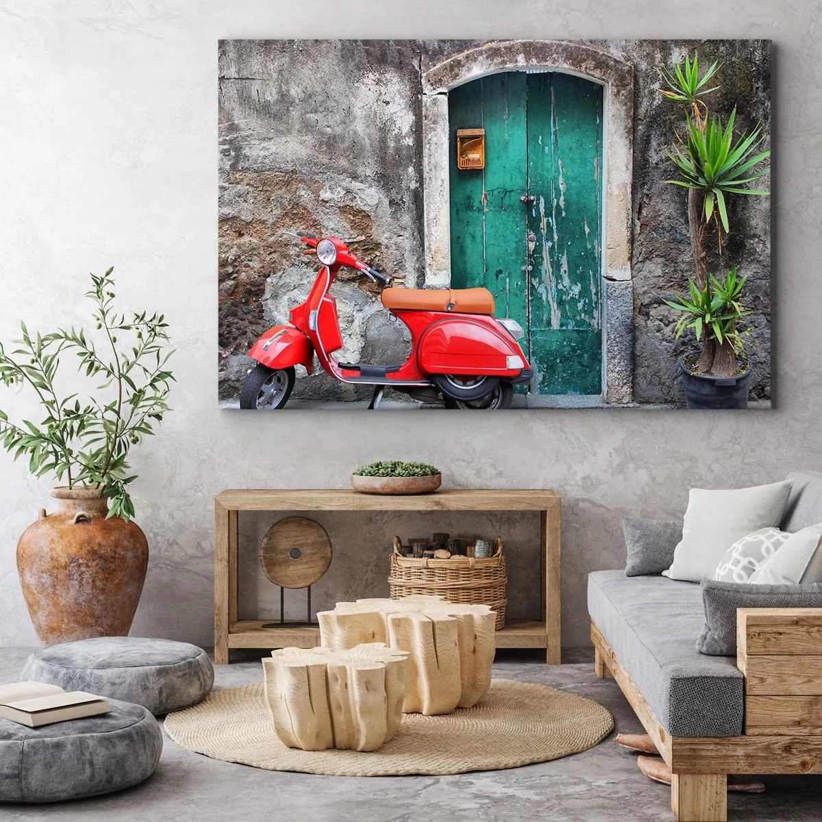 Canvastavla - Bild på duk - Röd skoter vid den gröna dörren - 70x50cm - Italiensk semester - Modern väggdekoration för vardagsrum och sovrum ARTTOR