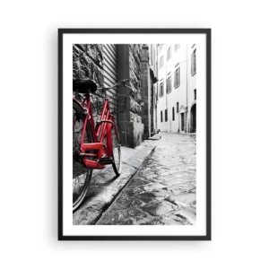 Affisch i svart ram - En röd cykel på en svartvit kullerstensgata - 50x70cm - Den riktiga skönheten åldras inte - Modern väggdekoration för vardagsrum och sovrum ARTTOR