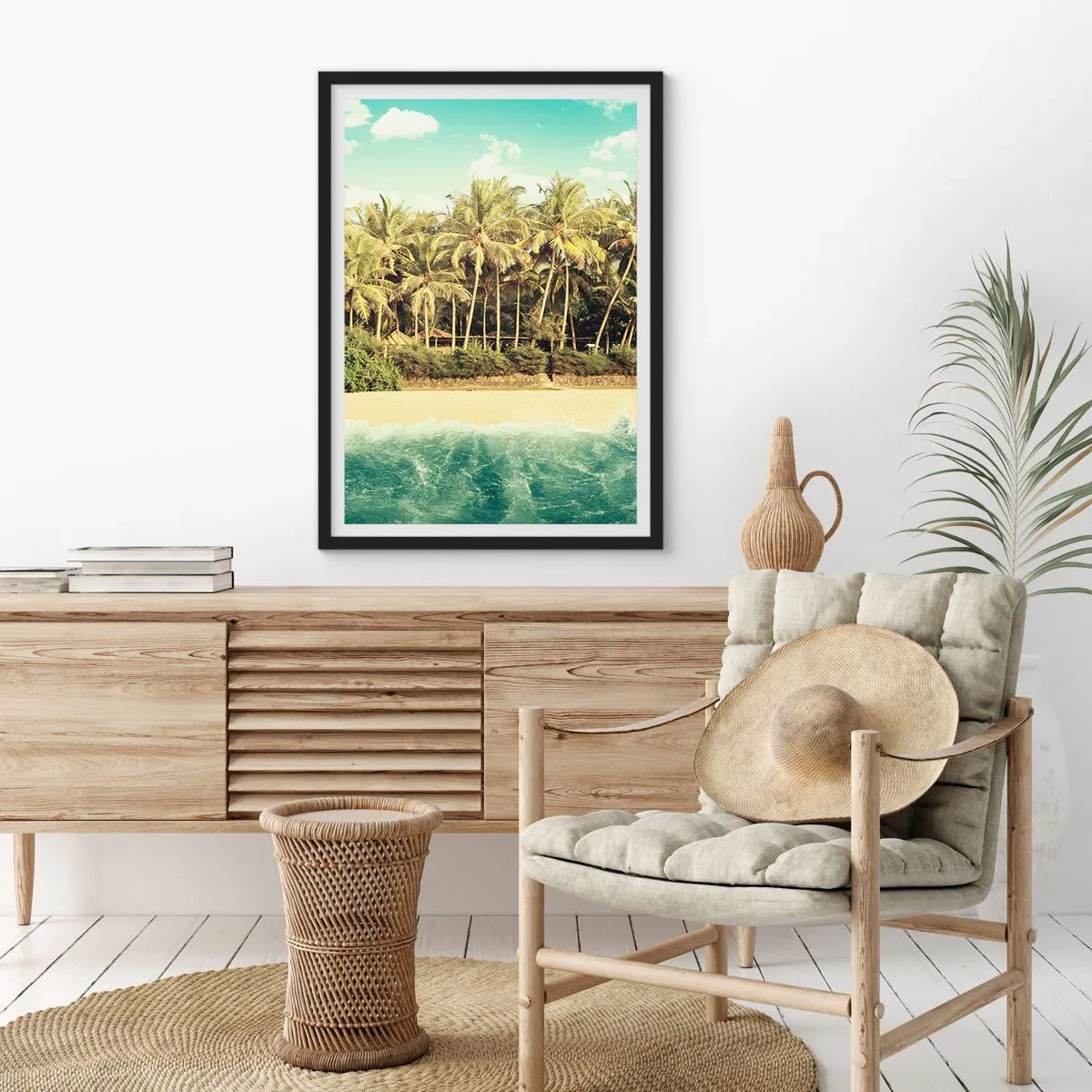 Affisch i svart ram - Tropisk strand med palmer och azurblått vatten - 50x70cm - Kanske här? - Modern väggdekoration för vardagsrum och sovrum ARTTOR