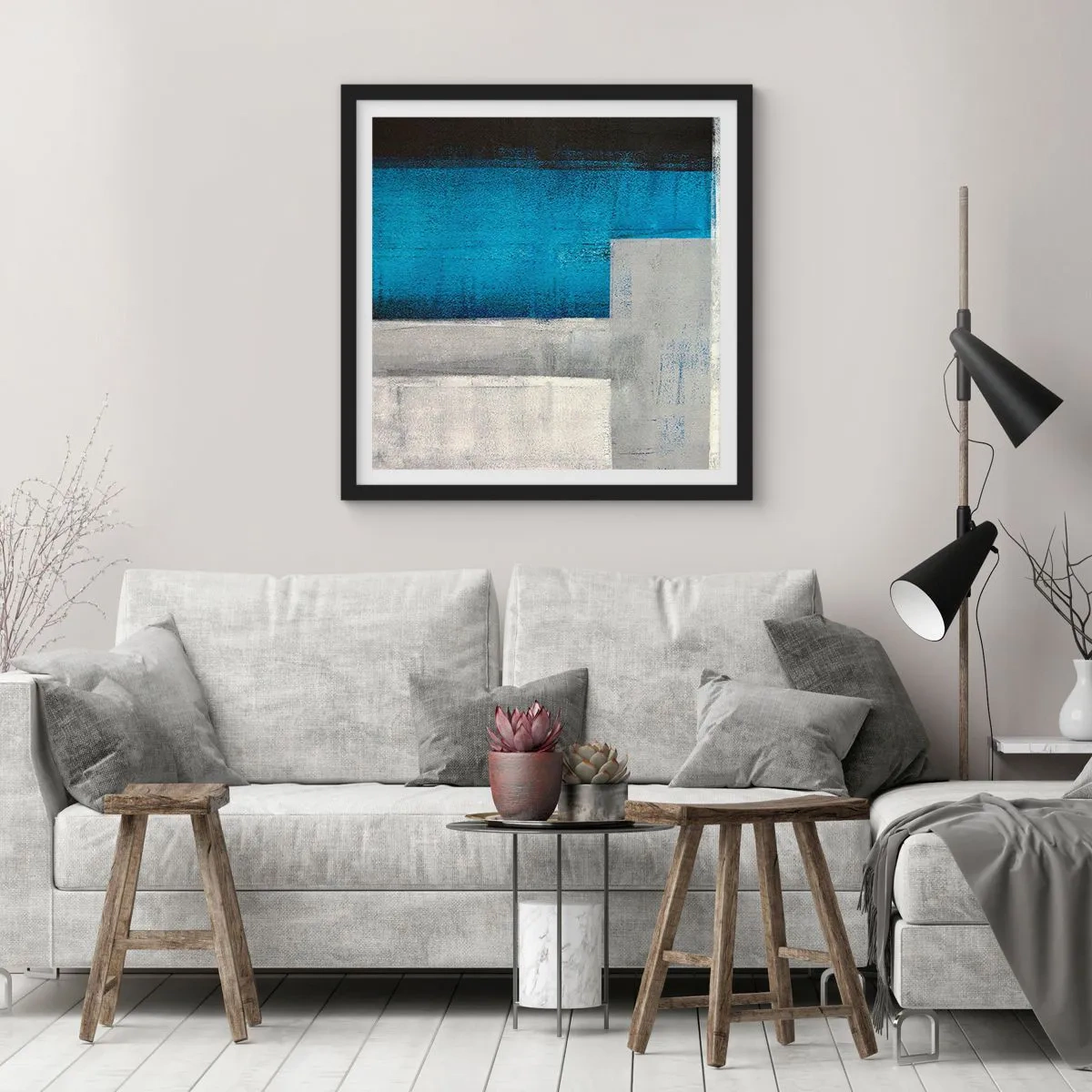 Affisch i svart ram - Poetisk komposition av grått och blått - 30x30 cm