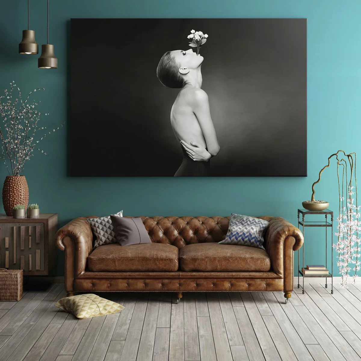 Canvastavla - Bild på duk - Svartvit silhuett av en kvinna med en blomma - 70x50cm - Excentrisk elegans - Modern väggdekoration för vardagsrum och sovrum ARTTOR
