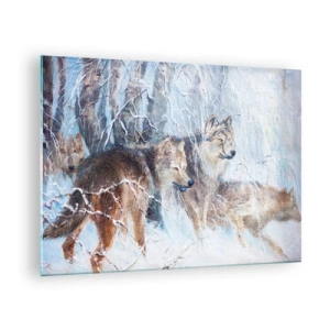 Glastavla - Bild på glas - Tre vargar i en vinterskog omgiven av snö - 70x50cm - Akta! Någon kommer - Modern väggdekoration för vardagsrum och sovrum ARTTOR