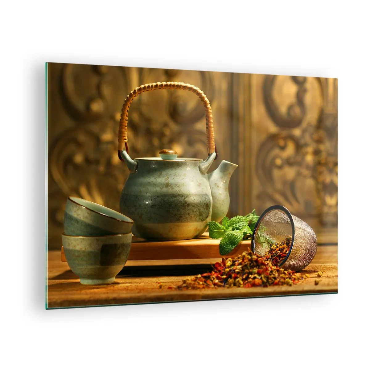 Glastavla - Bild på glas - Keramisk teservis med örter i klassisk dekoration - 70x50cm - Avhandling om tedrickande - Modern väggdekoration för vardagsrum och sovrum ARTTOR