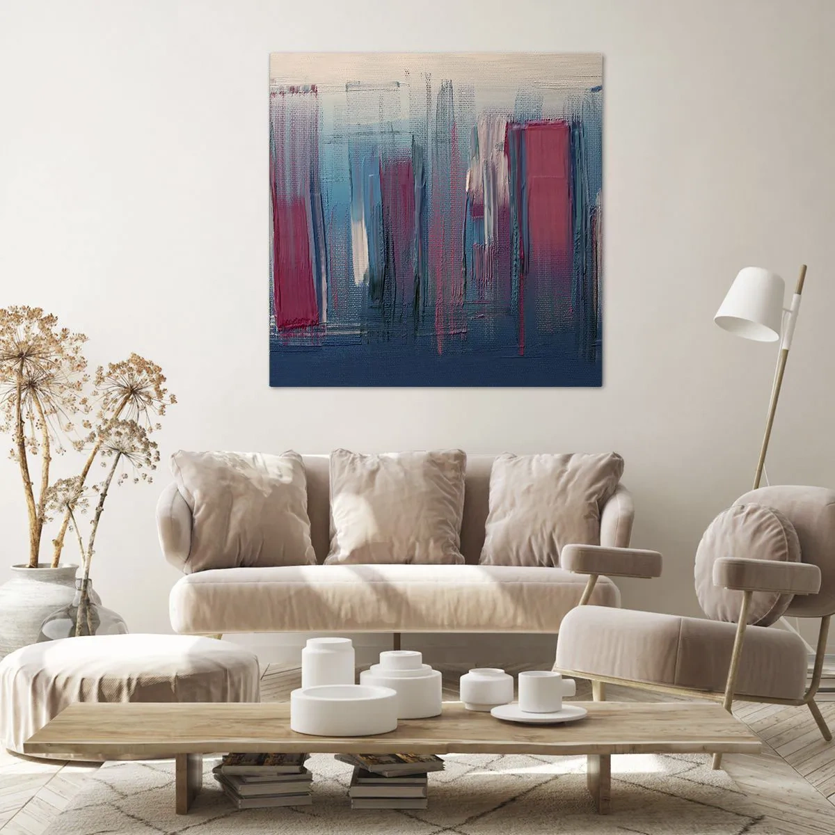 Canvastavla - Bild på duk - Vertikal komposition i blått och rött - 60x60 cm