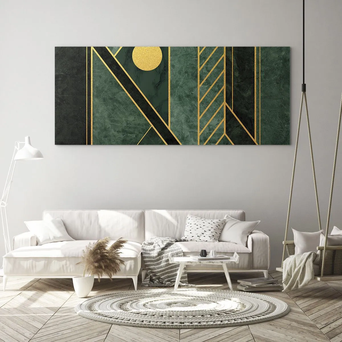 Glastavla - Bild på glas - Dynamik av guld och azurblå - 120x50 cm