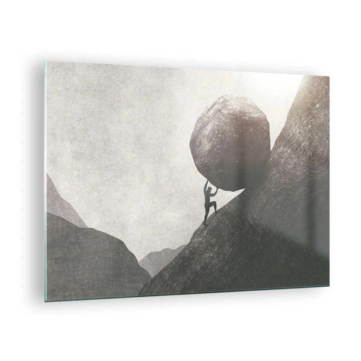 Glastavla - Bild på glas - En figur som knuffar en stenblock uppför en backe mot ett bergslandskap - 70x50cm - Jag tror i strid mot hoppet - Modern väggdekoration för vardagsrum och sovrum ARTTOR