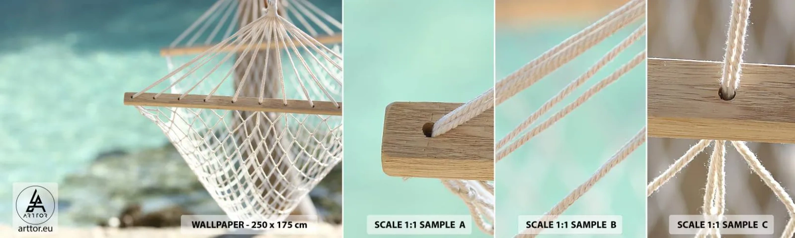 Provbit av självhäftande fototapet Deluxe Sticker - Avkopplingstid - Hängmatta, Strand, Resor - 100x30 cm