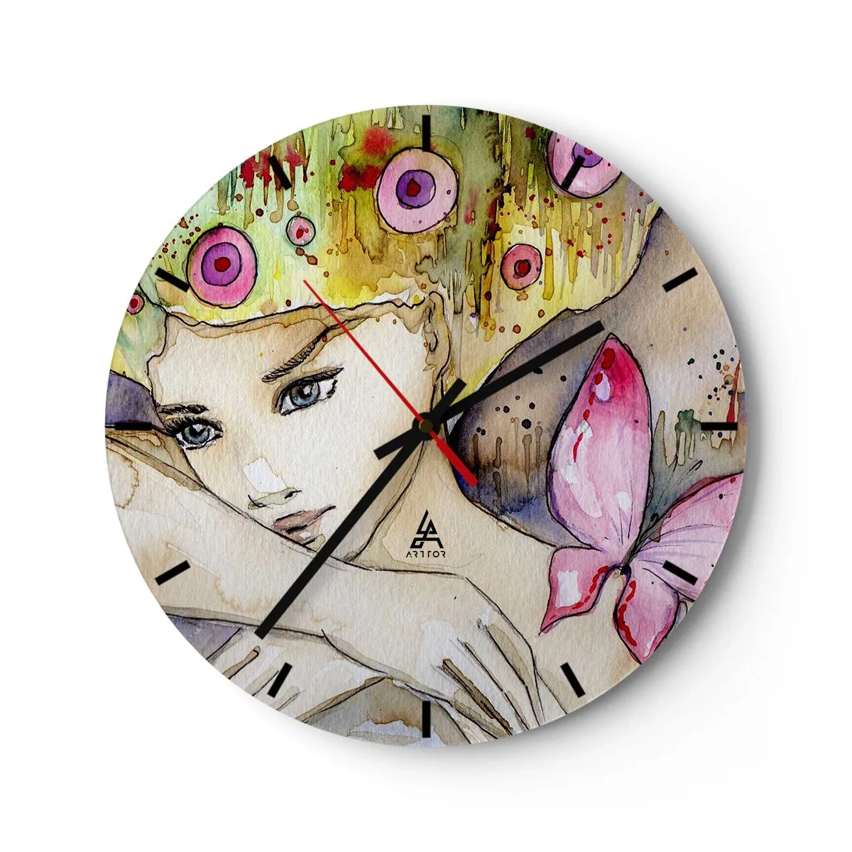 Väggklocka - Klocka på glas - fjärilprincessa - 40x40 cm
