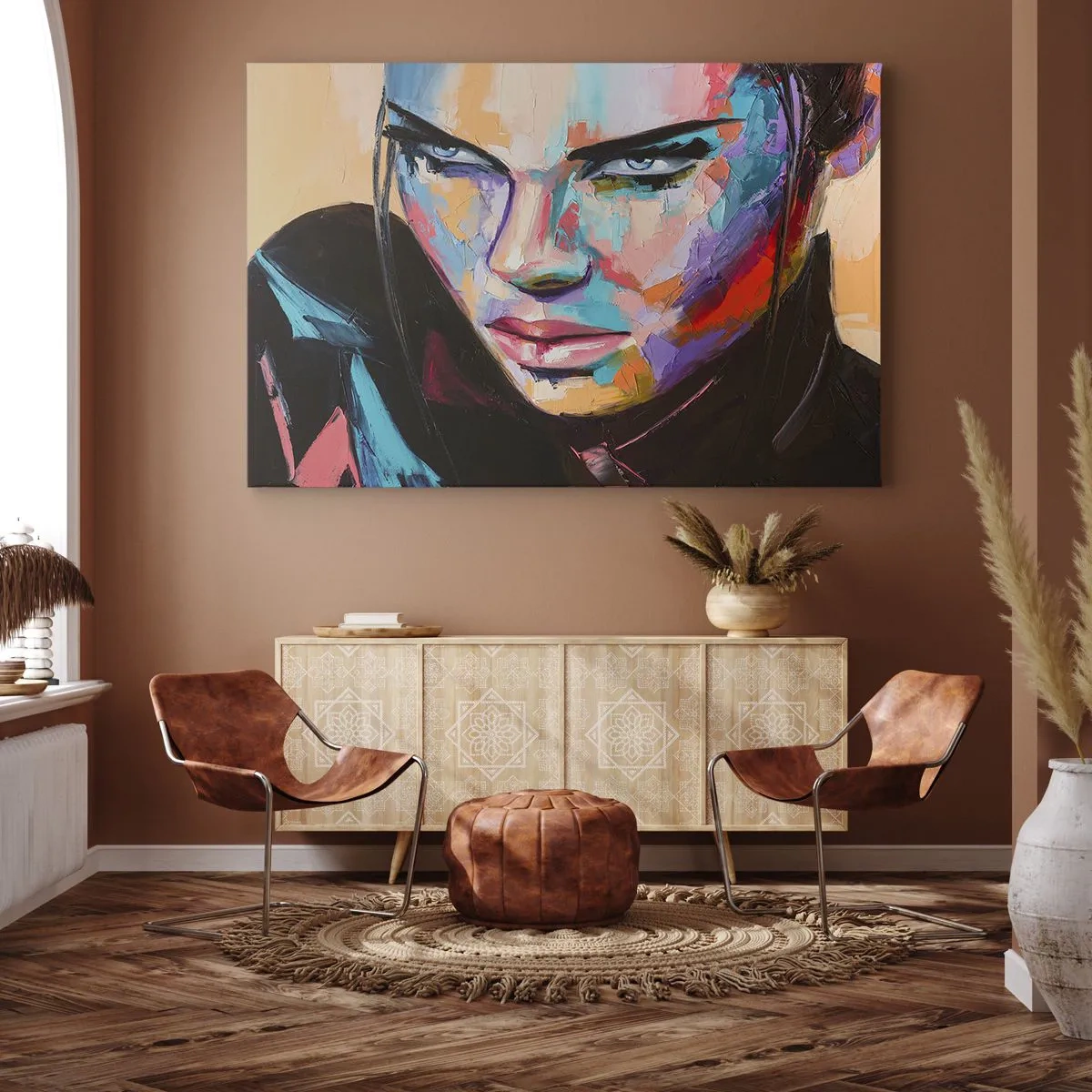 Canvastavla - Bild på duk - Porträtt av en kvinna i livfulla abstrakta färger - 70x50cm - Vilt hjärta - Modern väggdekoration för vardagsrum och sovrum ARTTOR