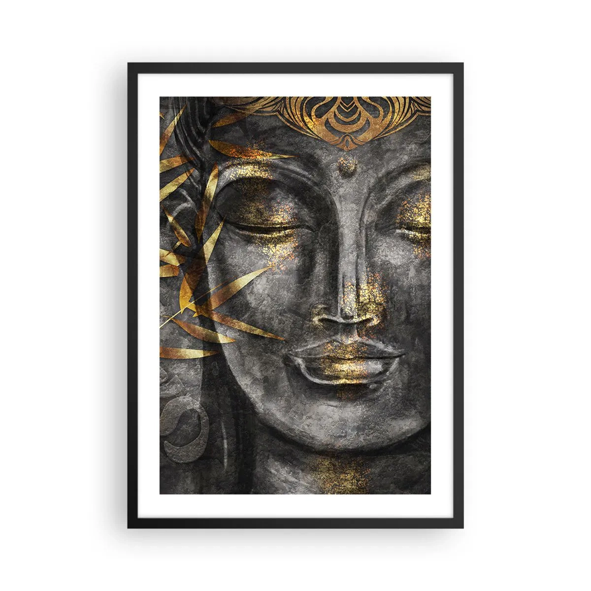 Affisch i svart ram - Porträtt av Buddha med gyllene glöd och bambubladelement - 50x70cm - Känn lugnet - Modern väggdekoration för vardagsrum och sovrum ARTTOR