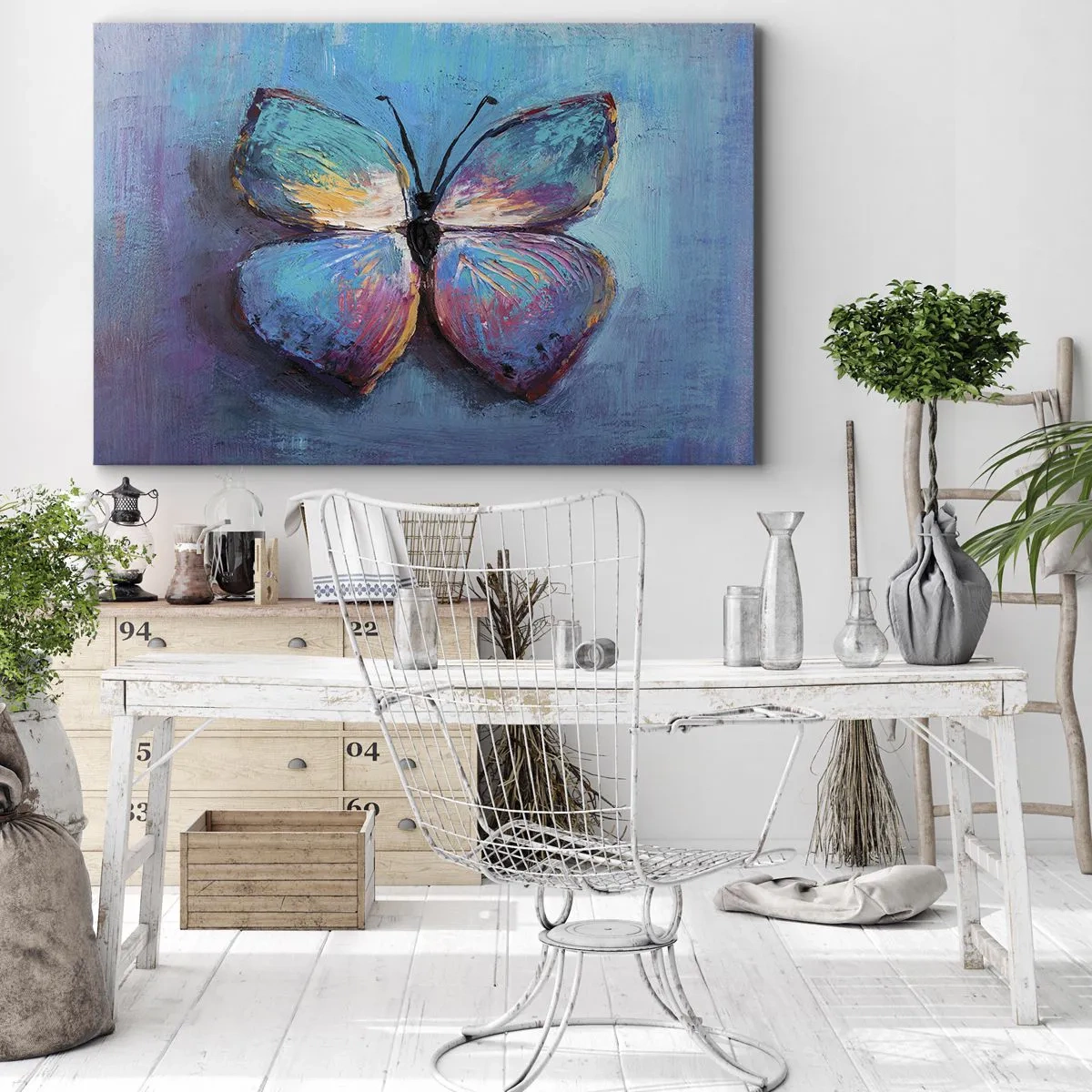Canvastavla - Bild på duk - Färgglad fjäril på en blå bakgrund - 70x50cm - I full charm - Modern väggdekoration för vardagsrum och sovrum ARTTOR