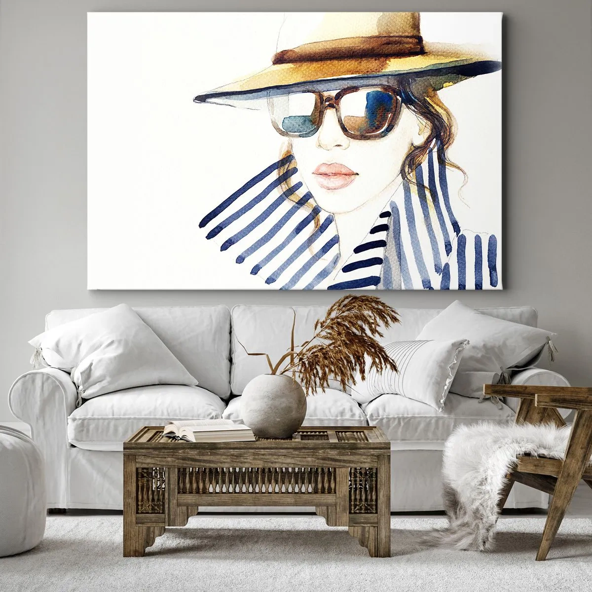 Canvastavla - Bild på duk - Porträtt av en kvinna i hatt och solglasögon - 70x50cm - Välkommen till Florida! - Modern väggdekoration för vardagsrum och sovrum ARTTOR