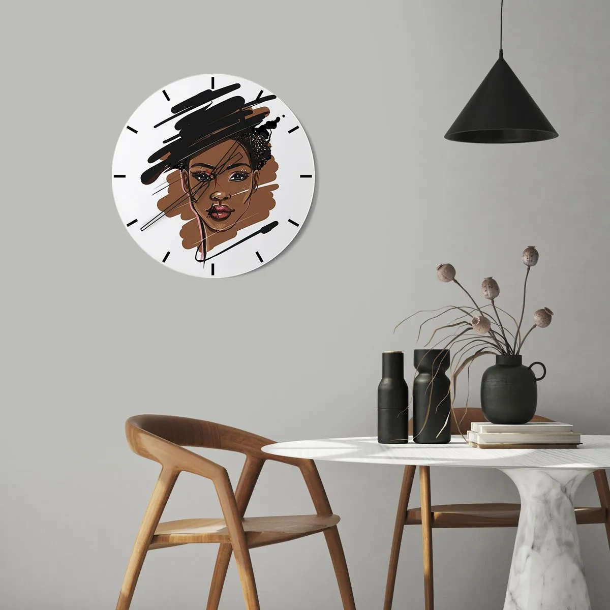 Väggklocka - Klocka på glas - Skissliknande illustration av en kvinnas ansikte på vit bakgrund - 30x30cm - Söt som choklad - Modern väggdekoration för vardagsrum, kök och sovrum ARTTOR