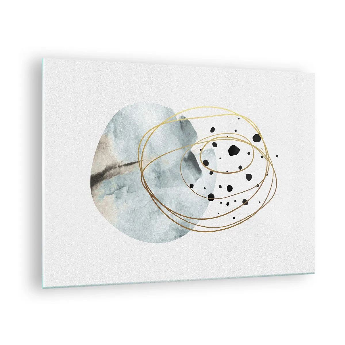 Glastavla - Bild på glas - Abstrakt komposition med en blå fläck och gyllene linjer - 70x50cm - I rummets famn - Modern väggdekoration för vardagsrum och sovrum ARTTOR