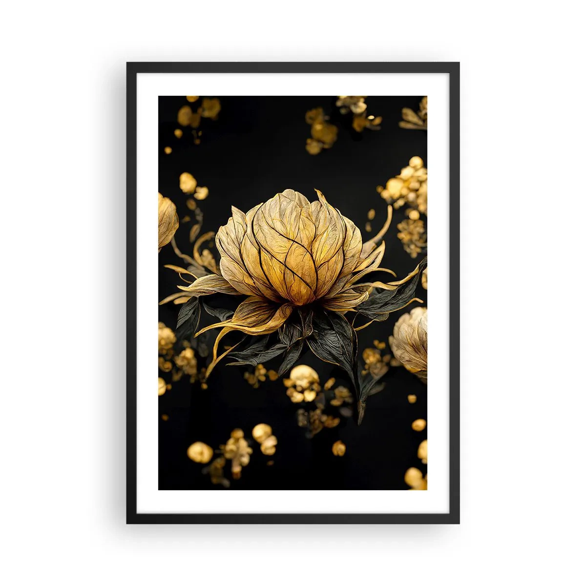 Affisch i svart ram - En gyllene blomma på svart bakgrund i en elegant komposition - 50x70cm - Subtil skörhet - Modern väggdekoration för vardagsrum och sovrum ARTTOR