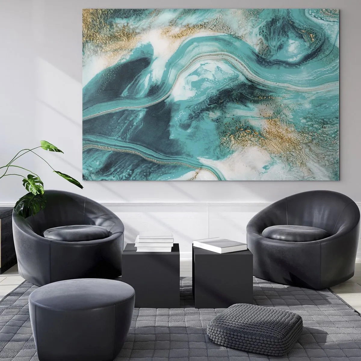 Glastavla - Bild på glas - En abstrakt komposition i turkos med guldaccenter. - 70x50cm - Guldflod - Modern väggdekoration för vardagsrum och sovrum ARTTOR