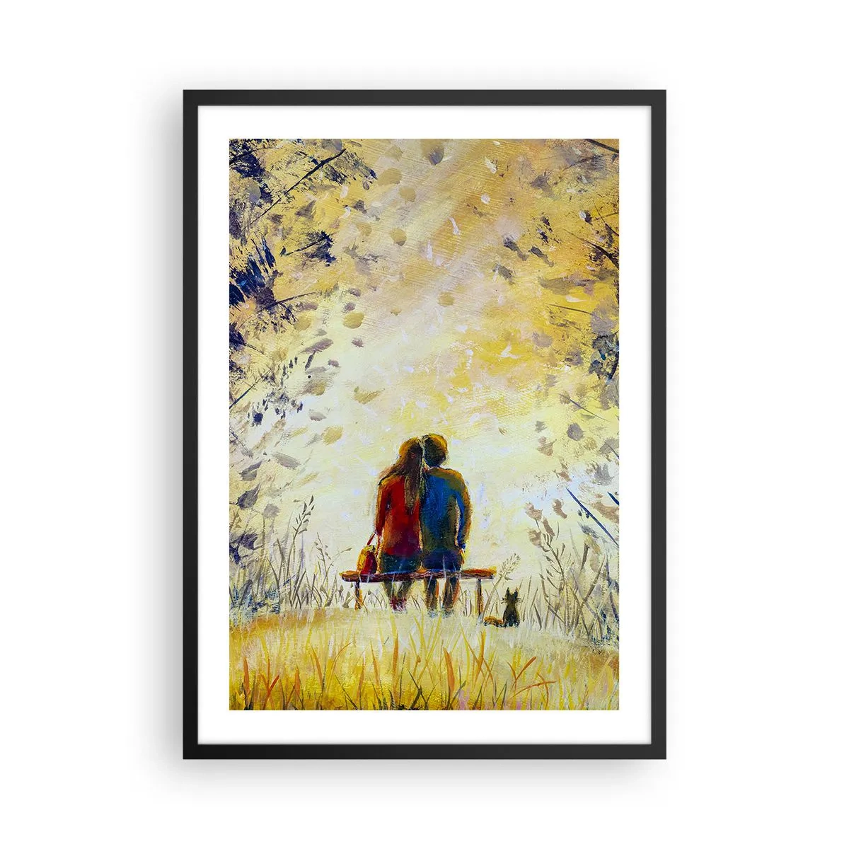 Affisch i svart ram - Ett par som sitter på en bänk bland höstfärger i solnedgången - 50x70cm - Magisk stund - Modern väggdekoration för vardagsrum och sovrum ARTTOR
