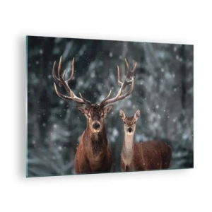 Glastavla - Bild på glas - En hjort och en hind i en vinterskog täckt av snö - 70x50cm - Skogens herre med hustrun - Modern väggdekoration för vardagsrum och sovrum ARTTOR