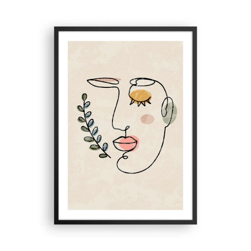 Affisch i svart ram - Minimalistiskt linjeporträtt av en kvinna mot beige bakgrund - 50x70cm - Återfunnet lugn  - Modern väggdekoration för vardagsrum och sovrum ARTTOR