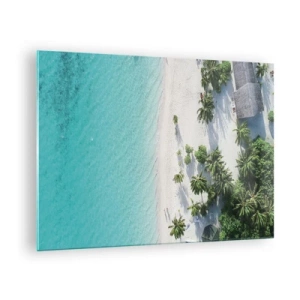 Glastavla - Bild på glas - Fågelperspektiv över en tropisk strand med palmer och ett turkost hav - 70x50cm - Semester i paradiset - Modern väggdekoration för vardagsrum och sovrum ARTTOR