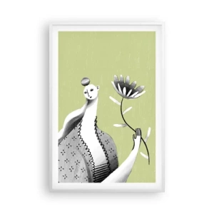 Affisch i vit ram - Modernistiskt porträtt - håller i en blomma - 61x91 cm