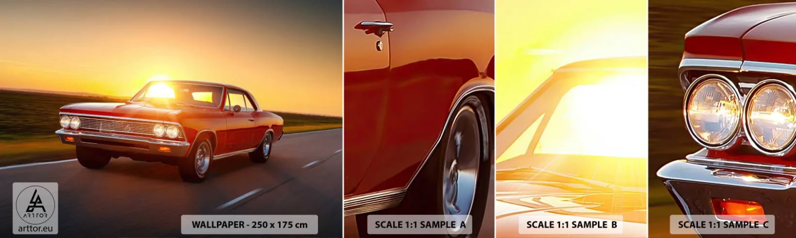 Provbit av självhäftande fototapet Deluxe Sticker - Lusten är rödfärgad - Bil, Resa, Årgång - 100x30 cm