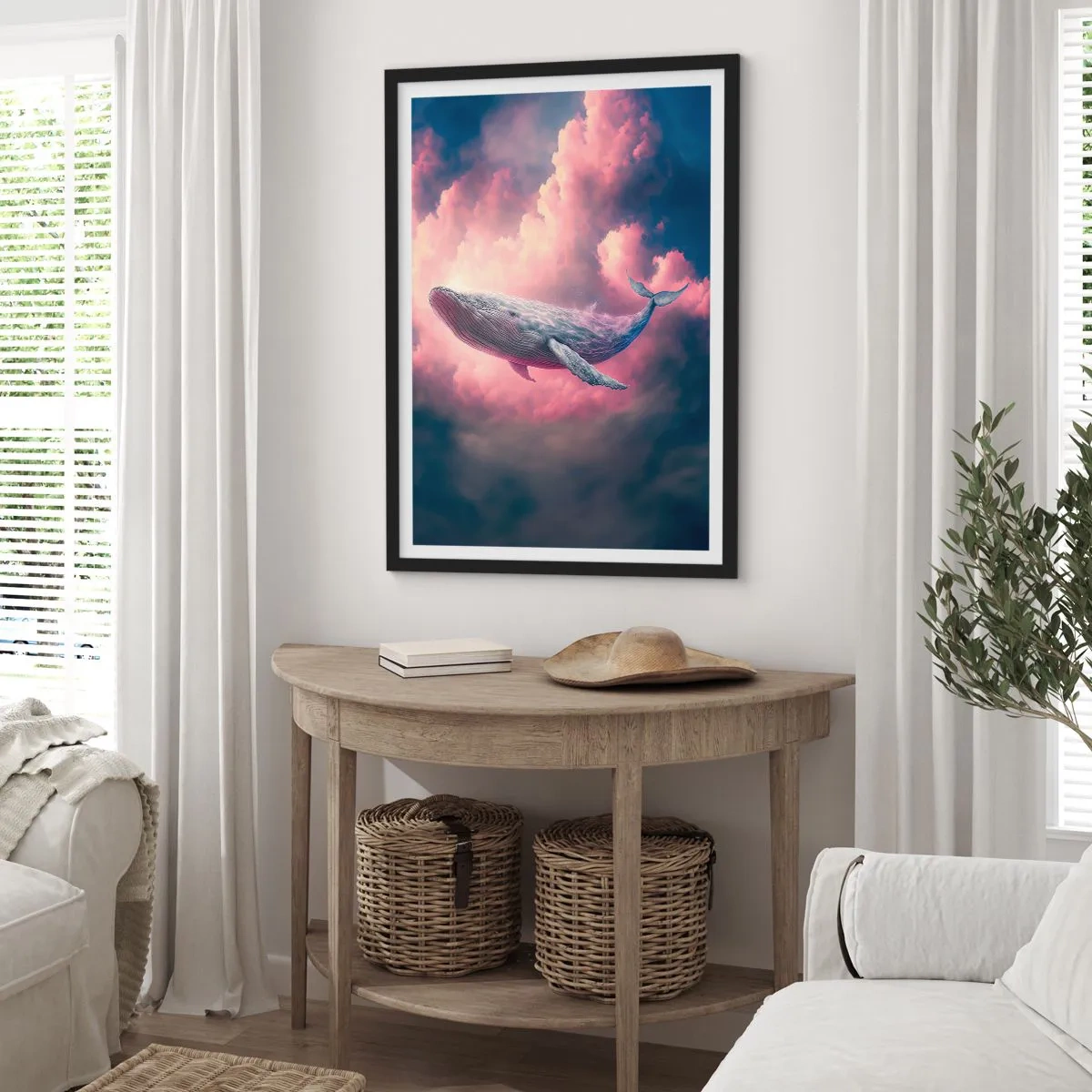 Affisch i svart ram - En val flyger bland rosa moln vid solnedgången. - 50x70cm - Torka dina ögon - Modern väggdekoration för vardagsrum och sovrum ARTTOR