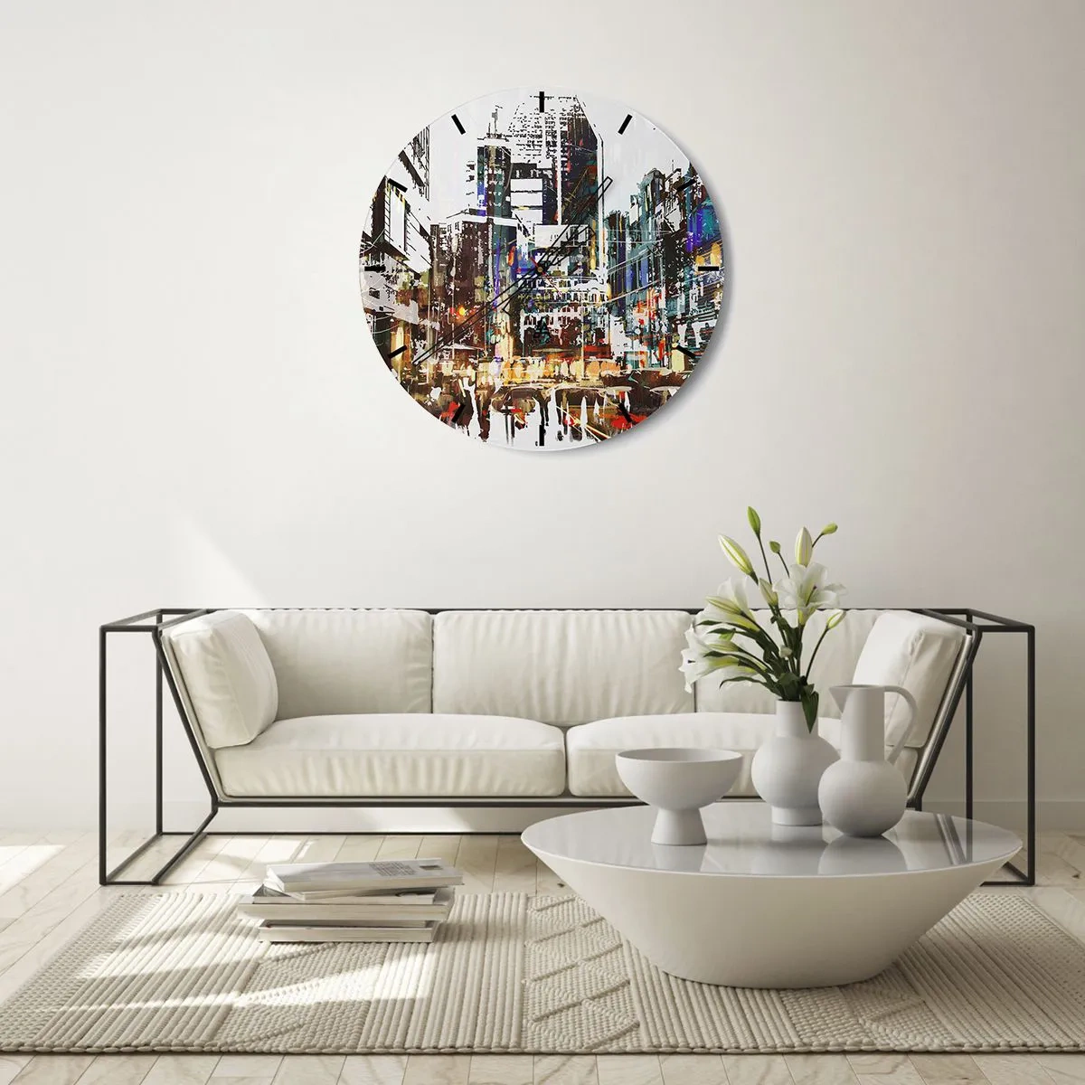 Väggklocka - Klocka på glas - Abstrakt stadspanorama i intensiva färger - 30x30cm - Blinkande stad - Modern väggdekoration för vardagsrum, kök och sovrum ARTTOR