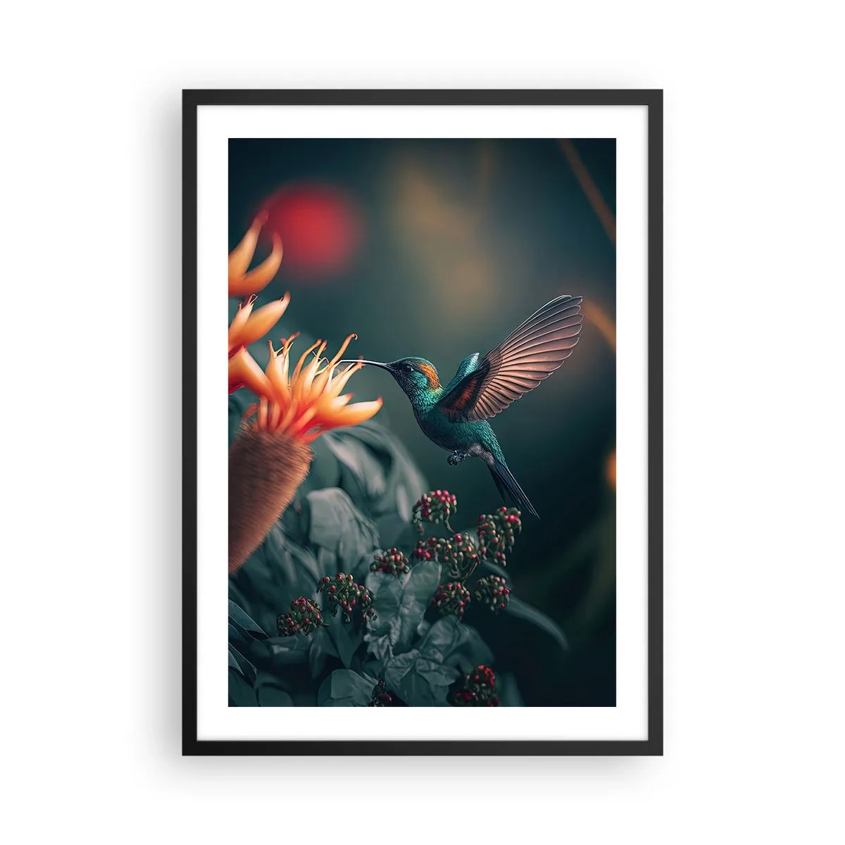 Affisch i svart ram - En färgglad kolibri nära blommor bland grönskan - 50x70cm - Ett verkligt färgglatt liv - Modern väggdekoration för vardagsrum och sovrum ARTTOR