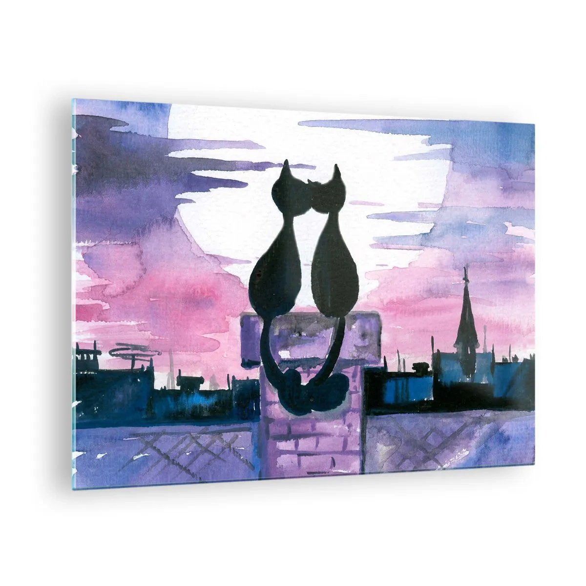 Glastavla - Bild på glas - Silhuetter av två katter mot den nedgående solen - 70x50cm - Rendez-vous under månen - Modern väggdekoration för vardagsrum och sovrum ARTTOR