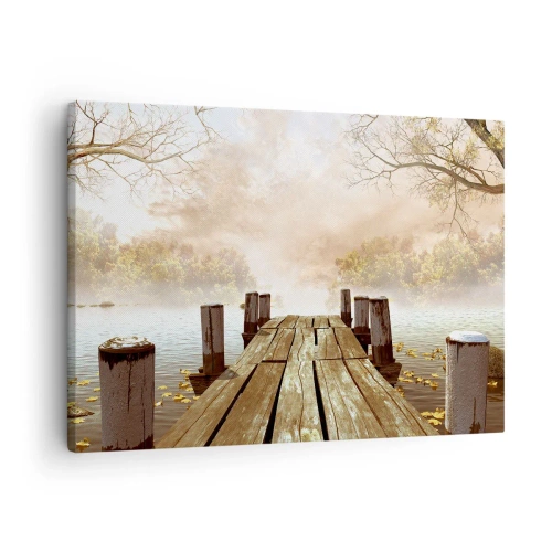 Canvastavla - Bild på duk - En träpir som leder ut mot en lugn sjö i morgondimman - 70x50cm - Höstledsen - Modern väggdekoration för vardagsrum och sovrum ARTTOR