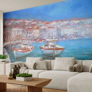 Fototapet Premium Sand - Italiensk vik - Hamnstad, Arkitektur, Grekland - 350x256 cm