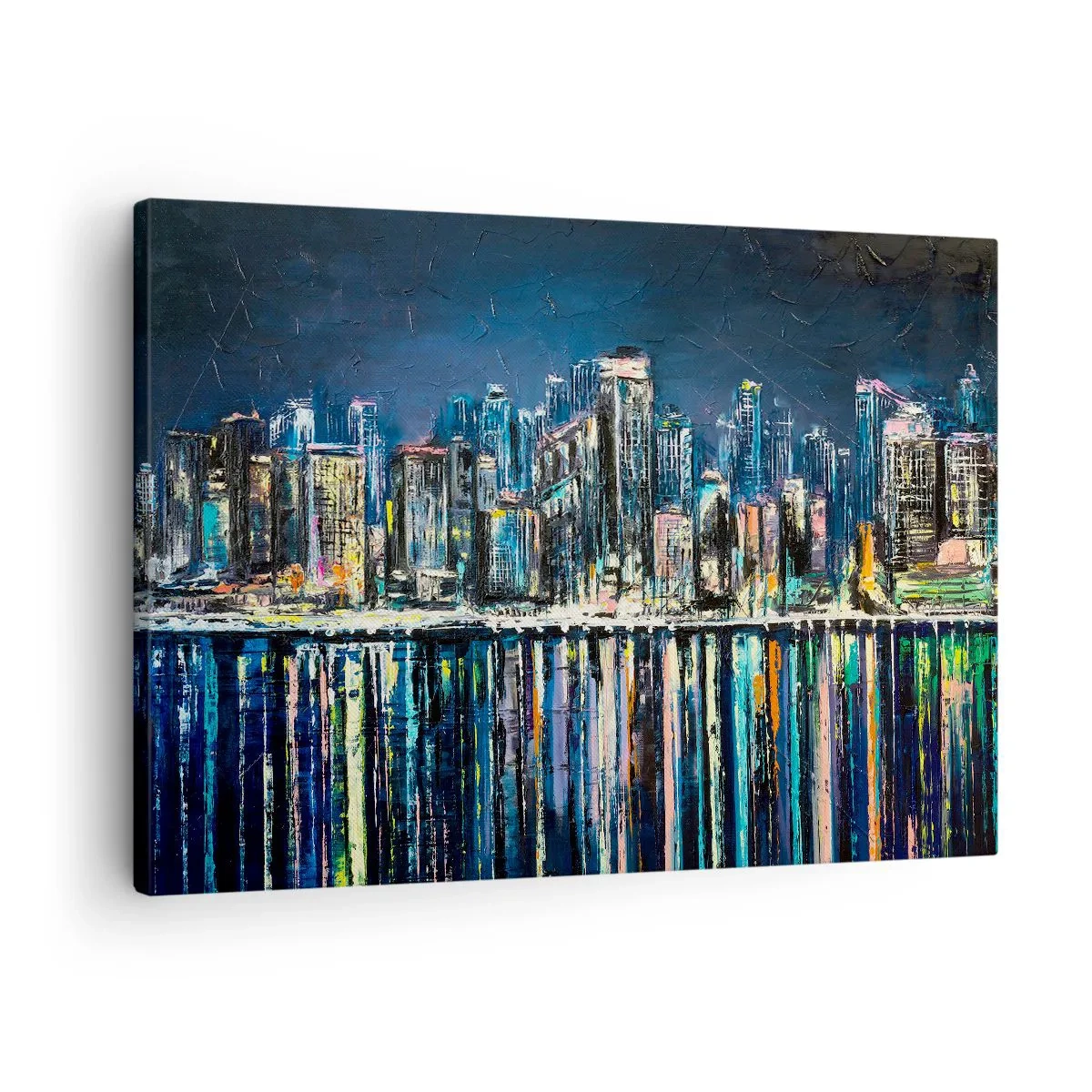 Canvastavla - Bild på duk - Panorama över nattstaden reflekterad i vattnet - 70x50cm - Ljuskaskad - Modern väggdekoration för vardagsrum och sovrum ARTTOR