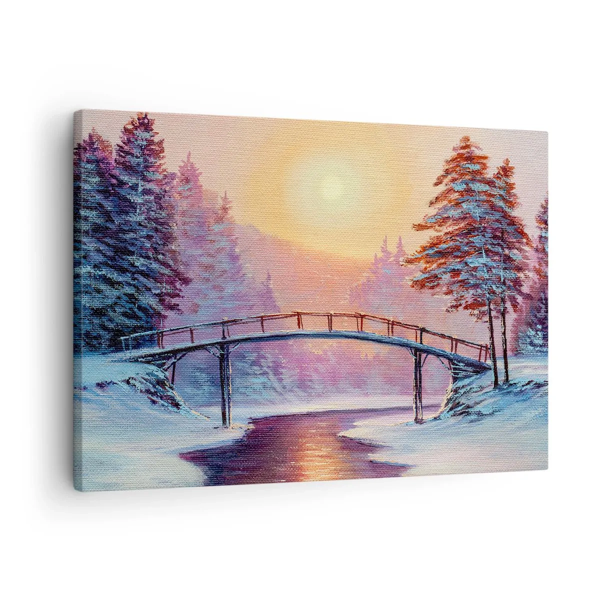 Canvastavla - Bild på duk - Vinterlandskap med en bro upplyst av solnedgången - 70x50cm - De fyra årstiderna - vinter - Modern väggdekoration för vardagsrum och sovrum ARTTOR
