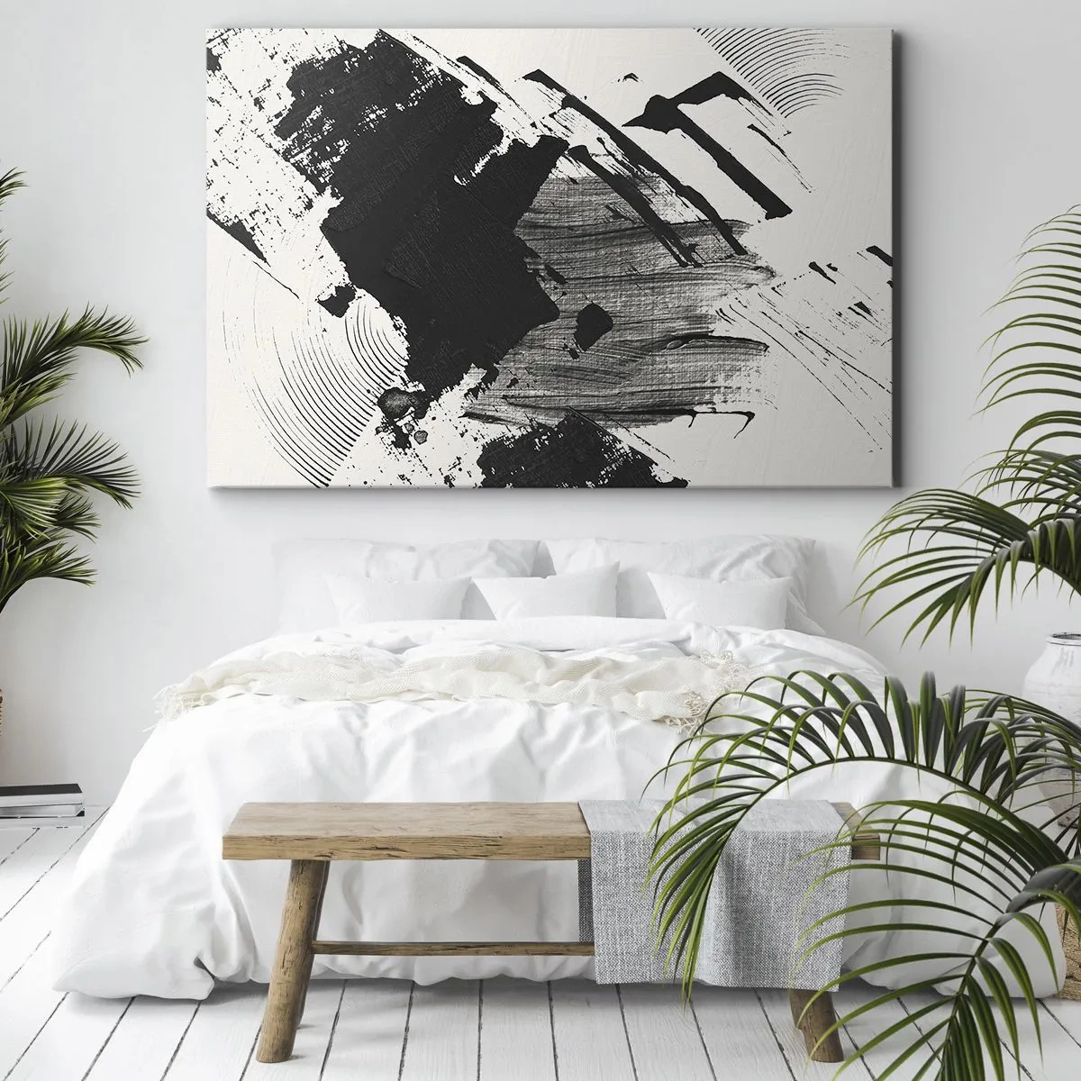 Canvastavla - Bild på duk - Abstrakta svarta penseldrag på vit bakgrund - 70x50cm - Abstraktion - uttrycket av svart - Modern väggdekoration för vardagsrum och sovrum ARTTOR