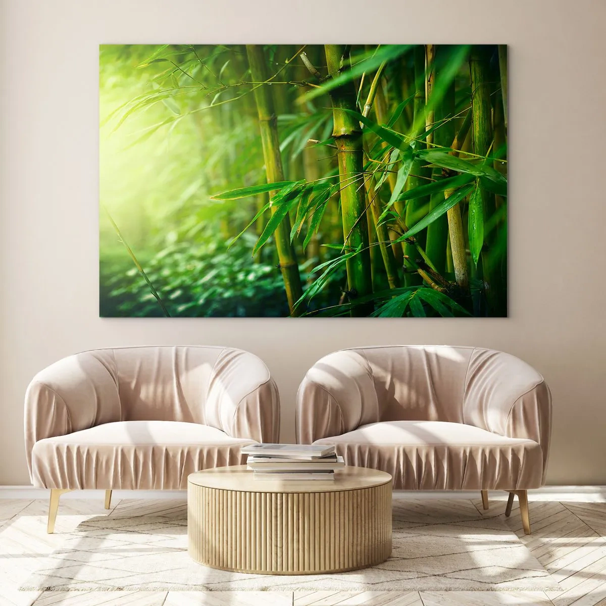 Glastavla - Bild på glas - Grön bambuskog i solskenet - 70x50cm - Lär känna grönskan i sig - Modern väggdekoration för vardagsrum och sovrum ARTTOR