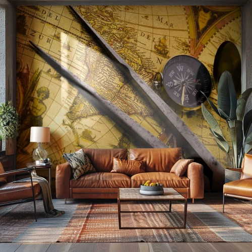 Fototapet Standard Eco - Antik världskarta med kompass och kompass på en guldbakgrund - 100x70cm - Var är skatterna? - Modern väggdekoration för vardagsrum och sovrum ARTTOR