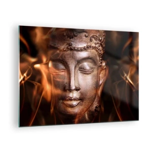 Glastavla - Bild på glas - Buddhas disiga ansikte i varma nyanser av guld och brunt - 70x50cm - Det finns bara här och nu - Modern väggdekoration för vardagsrum och sovrum ARTTOR