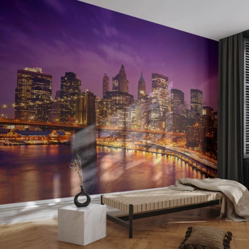 Fototapet Premium Sand - Manhattan i violett och guld - Stad, New York, Arkitektur - 500x350 cm