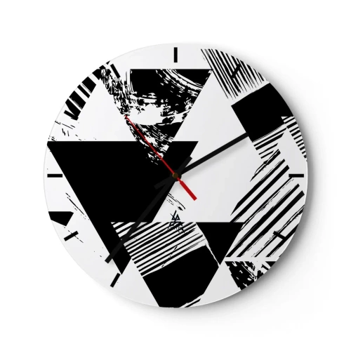 Väggklocka - Klocka på glas - Svartvit geometrisk komposition med trianglar - 30x30cm - Det regnar trianglar - Modern väggdekoration för vardagsrum, kök och sovrum ARTTOR