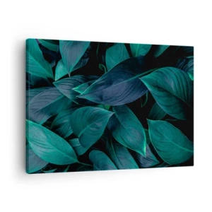 Canvastavla - Bild på duk - Närbild av gröna blad mot en mörk bakgrund - 70x50cm - Grönskan själv - Modern väggdekoration för vardagsrum och sovrum ARTTOR