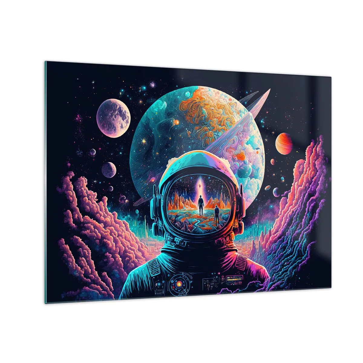 Glastavla - Bild på glas - Ett rymdlandskap med en astronaut och en surrealistisk planet. - 70x50cm - Filosofer har aldrig drömt - Modern väggdekoration för vardagsrum och sovrum ARTTOR