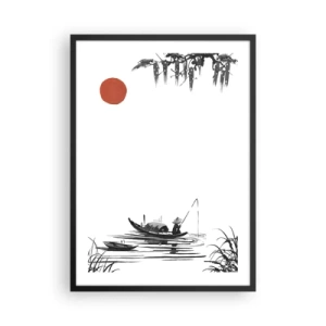 Affisch i svart ram - En minimalistisk målning av en fiskare i en båt med en röd sol. - 50x70cm - Asiatisk eftermiddag - Modern väggdekoration för vardagsrum och sovrum ARTTOR
