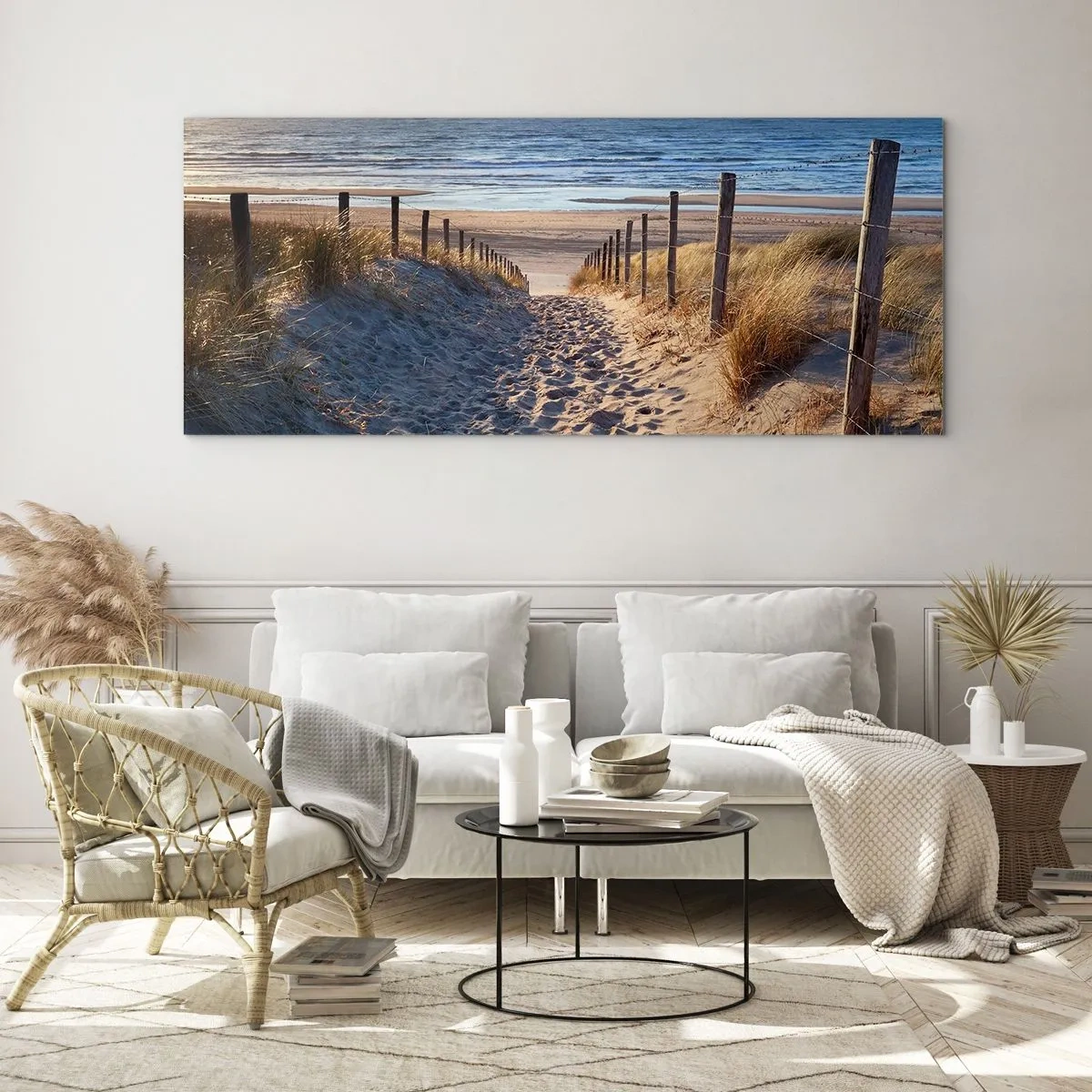 Glastavla - Bild på glas - Havets brus, fågelsång, tom strand bland träden - 140x50 cm