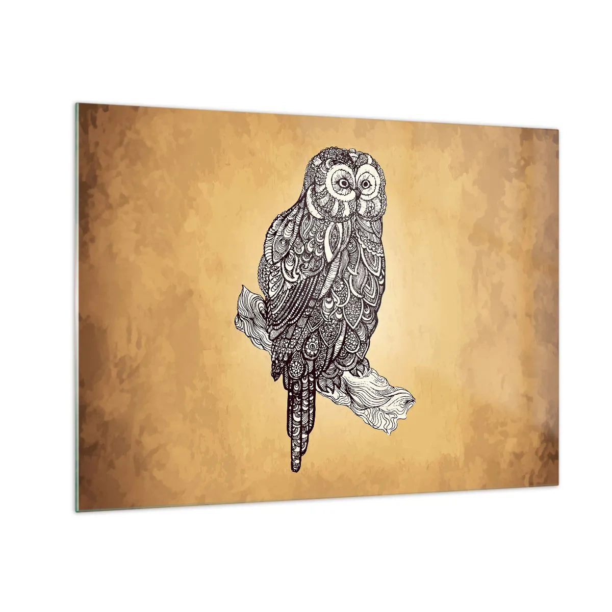 Glastavla - Bild på glas - Dekorativ uggla på en sepiabakgrund - 70x50cm - Invecklade ornament av visdom - Modern väggdekoration för vardagsrum och sovrum ARTTOR