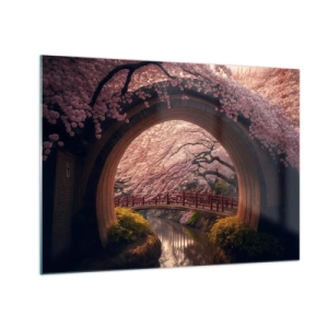 Glastavla - Bild på glas - Körsbärsblommor och en japansk bro sedd genom den runda porten - 70x50cm - Japansk vår - Modern väggdekoration för vardagsrum och sovrum ARTTOR