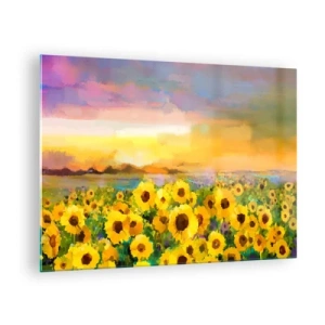 Glastavla - Bild på glas - Ett fält av solrosor i ljuset av den nedgående solen - 70x50cm - Själva solen gick ner på jorden - Modern väggdekoration för vardagsrum och sovrum ARTTOR